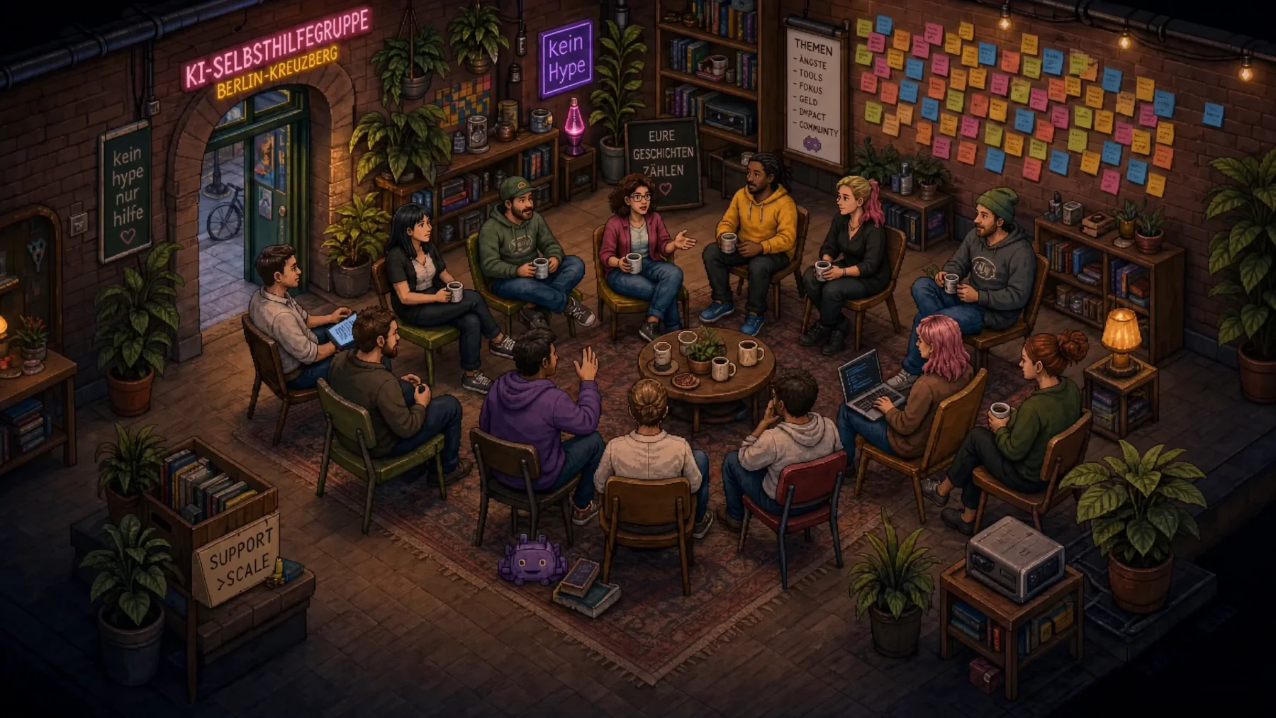 Illustration of a discussion circle at KI-Selbsthilfegruppe in Berlin-Kreuzberg.